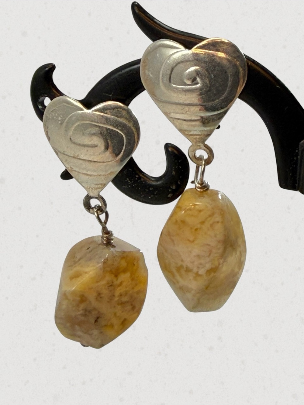 Jay King DTR Sterling Silver 925 Heart Beige Brown Stone Dangle Drop Earrings - Picture 3 of 8